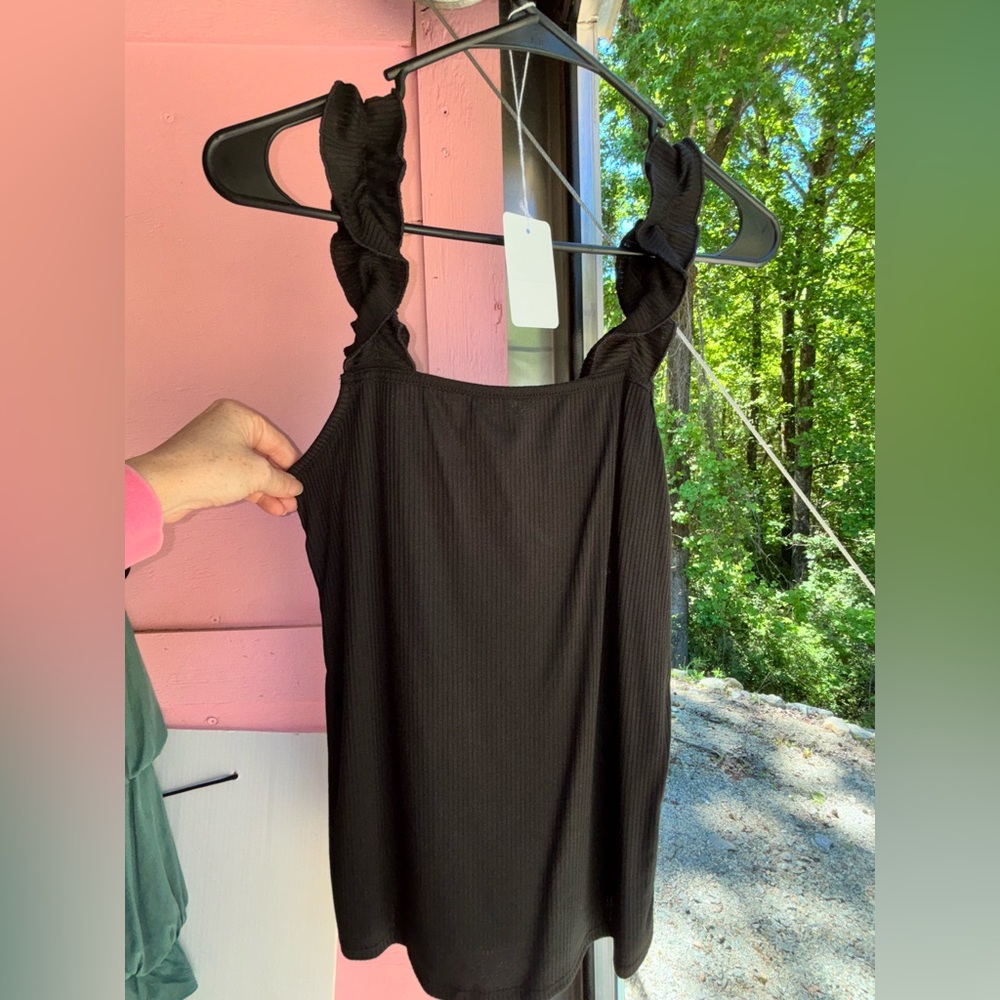 BiBi Black Ribbed Tank Top with Ruffle Straps❤️ NWT